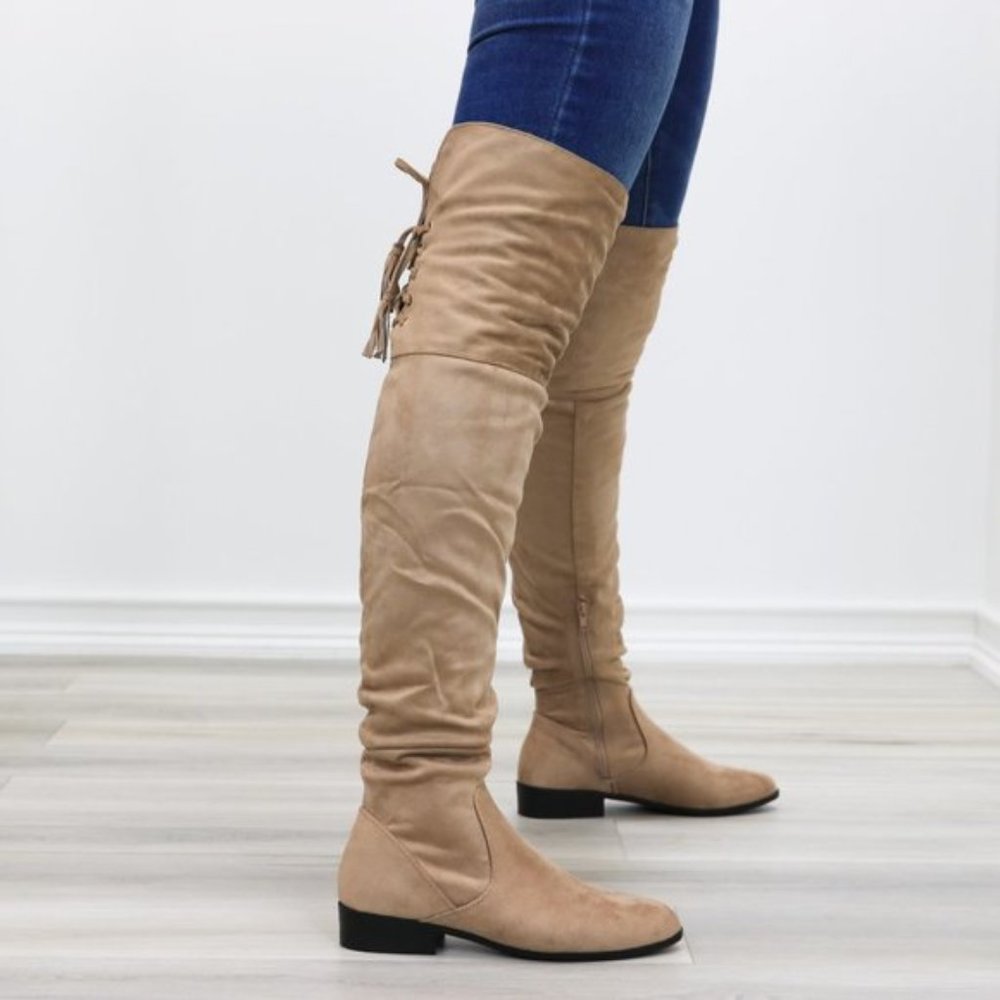 Tan Suede Thigh High Flat Boot With Lace Up Back - Picture 14 of 14